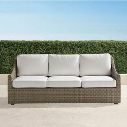 Ashby Sofa with Cushions in Putty Wicker - Sunbrella Rain, Rain Resort Stripe Sand - Frontgate