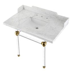 "Kingston Brass LMS3630MASQ7 Pemberton 36" Carrara Marble Console Sink with Acrylic Legs, Marble White/Brushed Brass - Kingston Brass LMS3630MASQ7"