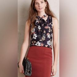 Anthropologie Tops | Anthropologie Maeve Petalsilk Tie-Neck Shell Top Size 0 Black Floral Silk | Color: Blue | Size: 0