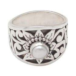 Dame of the Garden,'Floral Cultured Pearl Single Stone Ring Crafted in Java'