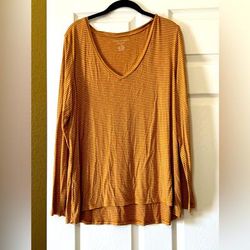 American Eagle Outfitters Tops | American Eagle Mustard White Striped Long Sleeve T Shirt V Neck Flowy Size Xl | Color: Orange | Size: Xl