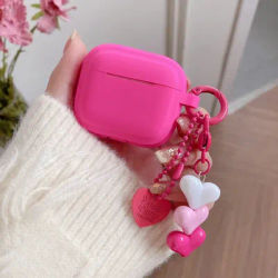 Étui AirPods 1/2 3 4 Pro AirPod en Silicone avec pendentif en forme de cœur rose, housse de protection pour casque carré mignon, porte-clés d'amour