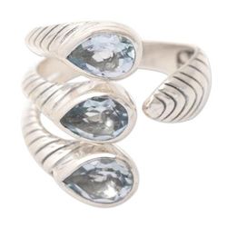 Three Times Azure,'Blue Topaz and Sterling Silver Wrap Ring Made in Bali'