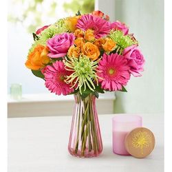 1-800-Flowers Flower Delivery Vibrant Blooms Bouquet W/ Pink Vase & Candle