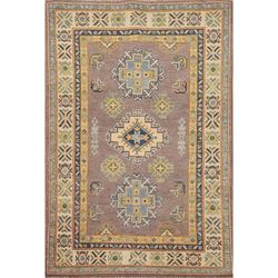 Geometric Brown Kazak Foyer Rug Hand-Knotted Wool Carpet - 2'8" x 4'3"