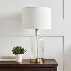 Briggs USB Table Lamp - White, Brass Base with Drum Shade in White - Frontgate