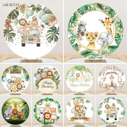 Laeacco Jungle Safari Round Photography Backdrop Cartoon Animals Kids Birthday Party Baby Shower