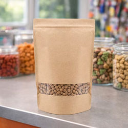 Kraft Stand Up Pouch Bags w/ Low Horizontal Window - Has Room for Your Logo Sticker Size: 9" x 4 3/4" x 13 1/2" 100 Bags
