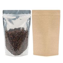 Kraft & Silver w/ Clear Front Zip Reseal Gusset Pouch Bags Great for Coffee Beans Size: 6 3/4" x 3 1/2" x 11 1/4" 100 Bags Pouches