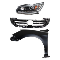 2014 Honda Accord 3-Piece Kit Driver Side Headlight with Fender and Grille, with Bulb, Halogen, Sedan, With LED Daytime Running Light, CAPA Certified