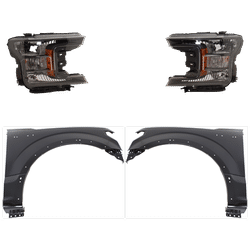 2019 Ford F-150 4-Piece Kit Driver and Passenger Side Headlights with Fenders, with Bulbs, Halogen