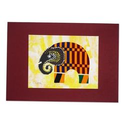 Kente Elephant,'Elephant Painting with Kente Cloth Cotton Accent from Ghana'