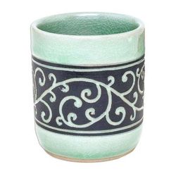 Kanok Tendrils,'Aqua Celadon Ceramic Teacup from Thailand'