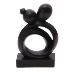 Caring Couple,'Abstract Romantic Black Suar Wood Sculpture from Indonesia'