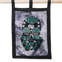Green Silence,'Cotton Wall Hanging of African Mask in a Cool Palette'