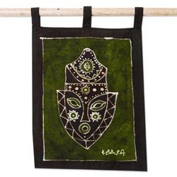Human Gaze,'Green African Mask Cotton Wall Hanging from Ghana'