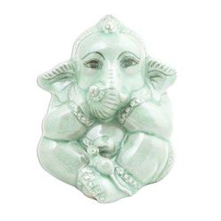 Ganesha and the Mouse,'Green Celadon Ceramic Ganesha Sculpture from Thailand'