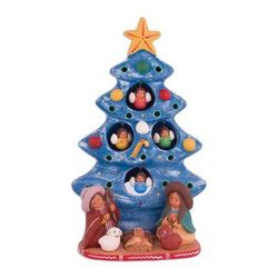 Birth Beneath the Blue Tree,'Ceramic Christmas Nativity Sculpture in Blue from Peru'