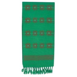 Lisu Festivities,'Handwoven Cotton Table Runner in Green from Thailand'