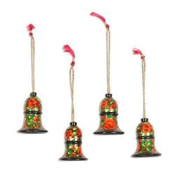 Floral Paradise,'Floral Motif Wood Bell Ornaments from India (Set of 4)'
