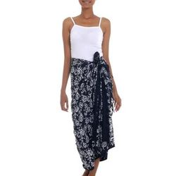 Tropical Garden in Black,'Black and White Rayon Sarong with Floral Batik Motifs'