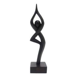 'Black Hand-Carved Suar Wood Praying Abstract Sculpture'