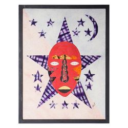 Tuesday,'Batik Collage Cotton Wall Art of Red African Mask with Stars'