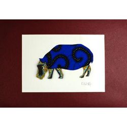 Hippopotamus Blue,'Signed Hippo Painting with Printed Cotton in Blue from Ghana'