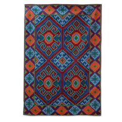 Chain stitched wool rug, 'Four Red Suns' (4x6)