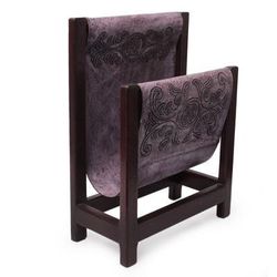 Leather and cedar wood magazine rack, 'Historic Elegance in Lilac'
