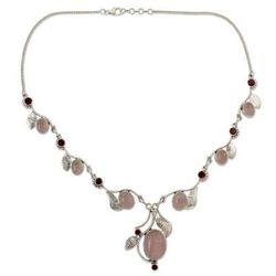 Rose quartz and garnet Y-necklace, 'Dew Blossom'