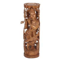 'Hand-Carved Teak Wood Sculpture of Krishna Playing the Flute'