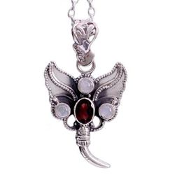 Rainbow moonstone and garnet pendant necklace, 'Butterfly Triumph'
