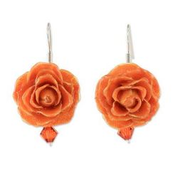 Floral Temptation in Orange,'Natural Rose Dangle Earrings in Orange from Thailand'