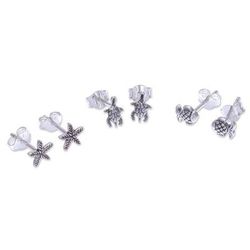 Sea Celebration,'Sterling Silver Stud Earrings with Sea Life Motif (Set of 3)'