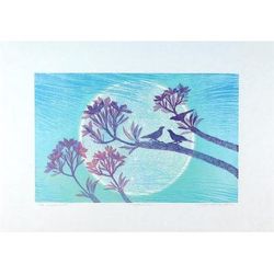 Nighttime II,'Floral Landscape Woodcut Print in Blue and Violet'