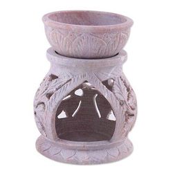 Garden of Leaves,'Handcrafted Leaf Motif Soapstone Oil Warmer from India'