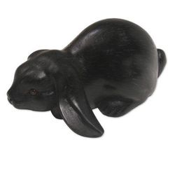 Begging Rabbit in Black,'Handcrafted Suar Wood Rabbit Sculpture in Black from Bali'