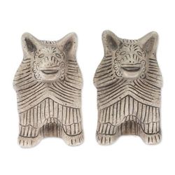 'Coyote Battalion' (pair) - 2 Ceramic Aztec Replica Wild Dog Statuettes Mexico