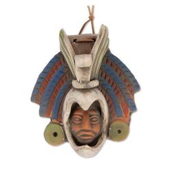 Noble Eagle,'Earthtone Noble Eagle Warrior Handcrafted Ceramic Wall Mask'