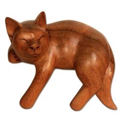 Wood sculpture, 'Smiling Cat Relaxes'