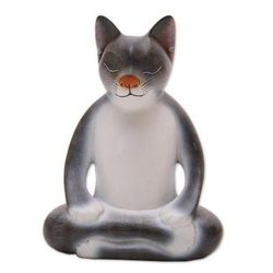 Peaceful Kitty in Grey,'Wood Meditating Cat Sculpture in Grey and White from Bali'