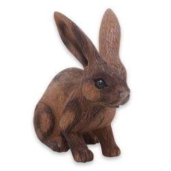 Wood sculpture, 'Long-Haired Ginger Rabbit'