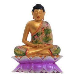 Wood statuette, 'Buddha on a Lotus' - Hand Painted Wood Sculpture