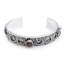 Balinese Ivy,'Sterling Silver Cuff Bracelet with White and Peacock Pearls'