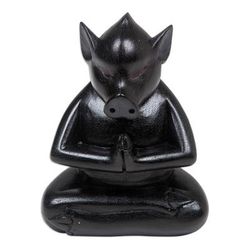 Gentle Apprentice at Night,'Handcrafted Black Suar Wood Pig Statuette from Bali'
