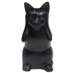 'Hand-Carved Black Suar Wood Cat Sculpture from Bali'