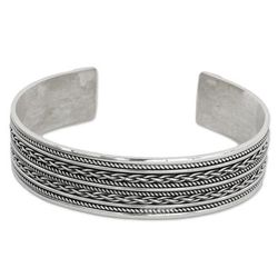 Twirling Fascination,'Hand Crafted Sterling Silver Cuff Bracelet with Rope Motifs'