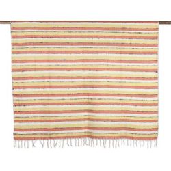 Fusion,'Striped Yellow Cotton Throw Blanket Hand-Woven in India'