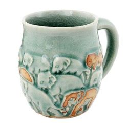 Celadon ceramic mug, 'Light Blue Elephant Herd'